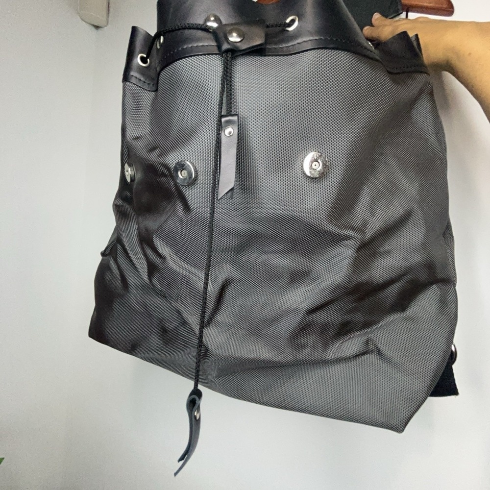 Angela Pinto Black Nylon Leather Backpack Drawstring Made in Italy
